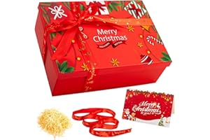 YIYAYOO Red Christmas Boxes for Gift Medium/Large Christmas Eve Box 29x21x10cm Thick Luxury Xmas Gift Boxes for Presents with Lids Ribbon Card, Foldable Xmas Eve Box for Gifts Kids Adults
