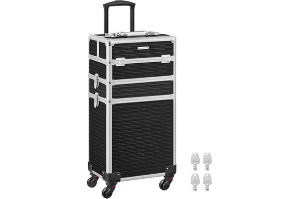 SONGMICS Valise de Maquillage Professionnel 3-en-1, Mallette Cosmétique, XXL, 34 x 24 x 70,5 cm, Verrouillable, roulettes à 360°, pour Voyages, Manucure, Maquilleur, Coiffure, Noir JHZ014B01