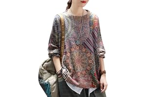 Janein Damen Pullover Oversize Lang Strickpullover Herbst Winter Rundhals Sweater mit Blumenmuster Weihnachtspullover JS01DE