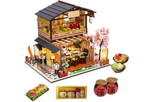 September-Europe -DIY 1:24 Hand-Assembled Japanese Style Sushi Shop Miniature Wooden Creative Dollhouse DIY Kit Assembled for Birthday Gift with LED Lights