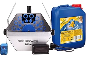 Showlite BM-60 Seifenblasen Set inkl. Seifenblasenfluid (kompakte Seifenblasen Maschine mit Funk-Fernbedienung und 2,5-Liter Seifenblasenfluid auf Wasserbasis)