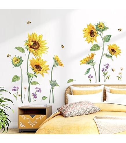 Runtoo Stickers Muraux Fleurs Tournesol Et Papillons - Autocollants Décoration Salon, Cuisine, Chambre Enfants - Floral Bohème