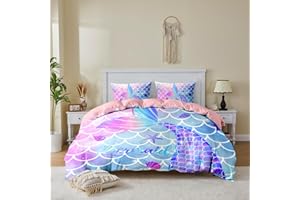 MUSOLEI Mermaid Bedding Set Girls Double Colorful 3D Mermaid Tail Blue Duvet Cover Sets Pink Lovely Quilt Cover Soft with Pillwocase (Mermaid, Double)