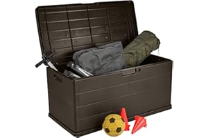 URBN GARDEN 350L Heavy Duty Plastic Garden Storage Box, Huge Capacity Patio Deck Outdoor Container with Lockable Lid, Handles & Wheels, Weather Resistant Shed for Tools, Cushions, Accessories, Brown