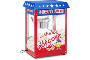 Royal Catering Machine à Popcorn Professionnelle 1.500W, Rendement 5 kg/h, 16 L/h, diamètre marmite antiadhésive 18 cm, rouge avec chariot Design américain Cinéma