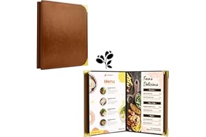 GLIMVILO Lot de 2 Porte-Menus A4 en Simili Cuir Caramel – 2 Pages 4 Vues – Protège-Menu Élégant avec Coins Dorés – Livre de Menus Professionnel pour Restaurants, Cafés, Hôtels