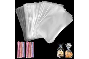 FINEASY 200Pcs Bolsas de Celofán Transparente,Bolsitas de Regalos Plastico,Papel Transparente para Envolver Regalos,Bolsas Cumpleaños,Tortas de Dulces Galletas,Bolsas Chuches(10x15cm)