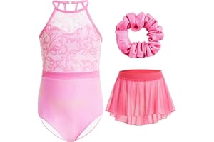 Gogokids Girls 3 PCS Halter Gymnastics Set, Kids Gymnastics Leotard with Rhinestone & Mesh Floral Design, Sparkling Ballet Unitards Includes Leotard, Chiffon Skirt & Hair Tie Gymnastics Gifts for 3-12