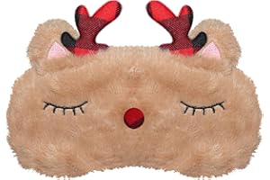 VerteLife Schlafen Augenmaske Weihnachten Schlafbrille Weiche Plüsch-Schlafmaske Neuheit Reisen Augenabdeckung Cartoon Tier Augenbinde für Kinder Erwachsene (Weihnachtsgeweih,Braun)