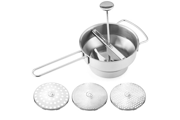 Navaris Presse-Légumes Manuel - Moulin à Légumes Ø 20,5 cm en INOX - Passe-Vite Passoire avec 3 Grilles - Presse-Purée Soupe Compote pour Bébé