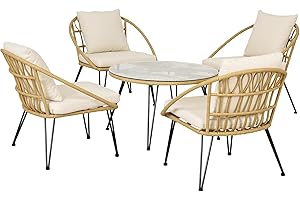 Outsunny Set da Giardino 5 Pezzi in Rattan, Set da Esterno con Tavolo Rotondo Ø82x50 cm e 4 Sedie 72x72x75 cm con Cuscini per Schienale e Seduta, Giallo Nero e Beige