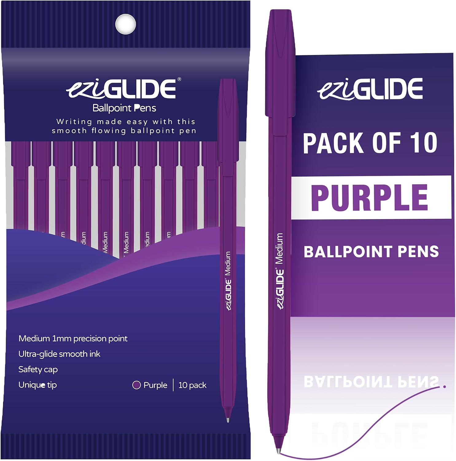 Eziglide 10-Pack Ballpoint Purple Pen Set - Medium Point 1.0mm for Effortless Writing & Comfortable Grip - Ball Point Pens Ideal for School, Exams, Home or Work Stationery Supplies