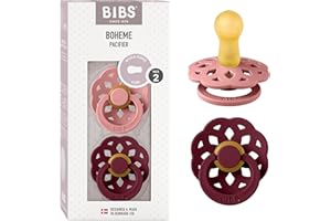 BIBS Boheme Paquete de 2 chupetes. Libre de BPA, Tetina redonda. Látex natural, Talla 2 (6-18 meses), Dusty Pink/Elderberry