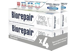 Biorepair, Dentifricio Pro White, Ripara lo Smalto, Denti Più Bianchi e Luminosi, Formula Potenziata, Con Più Microrepair e Tecnologia Sbiancante PVP, Senza Fluoro e Parabeni, 4x60ml