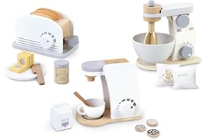 Leomark Elettrodomestici in legno - 3 in 1 - Macchina da caffè, Tostapane, Sbattitore, Caffettiera per Bambini, Set da Cucina, Giocattolo educativo con Accessori