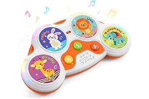 Meribbit Montessori Babytrumma Musikinstrument för 2 År Gamla Barn, Sensoriska Musikinstrument med 3 Musiklägen och Söta Djurmotiv, Musikleksaker för 1 2 3 År Gamla Barn