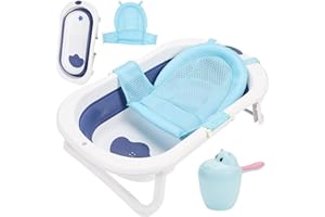 Ikodm 3 in 1 Baby badewanne mit Thermometer | Badematte | Baby-Haarwaschbecher, Ergonomische Babybadewanne Faltbar, Platzsparend, für Neugeborene Kleinkind ab 0-3 Jahre (Blau)