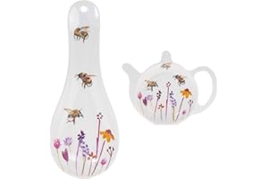PRODBUY HOME 2 Piece Melamine Plastic Teabag Tidy and Spoon Rest Set - Bumble Bee Floral Pattern