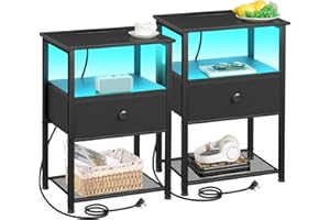 AMHANCIBLE Bedside Table Set of 2 with Charging Station, Small Side Table with LED Lights, Nightstand with Fabric Drawer and Open Storage Shelf, Bedside Cabinets for Living Room, Bedroom HETS01BK