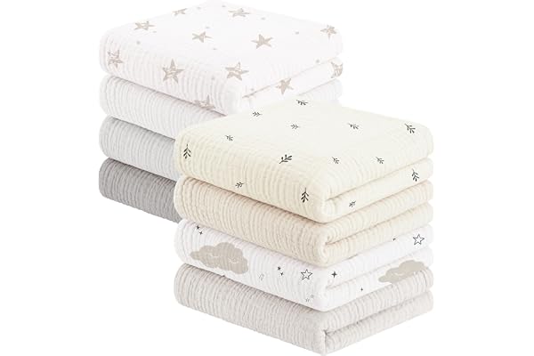 Susurration Langes Coton BéBé,Lot de 5 Mousseline de Coton Carrés de Mousseline Super Absorbant de Mousseline à Grain pour Unisexe Bébé Filles et Garçons 60x60cm (Blanc-Abricot)