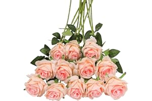 Tifuly 12 rose artificiali, 50 cm, stelo lungo singolo, in seta, bouquet da sposa, fiori realistici, per casa, giardino, feste, hotel, ufficio, decorazione (rose in fiore, rosa champagne)