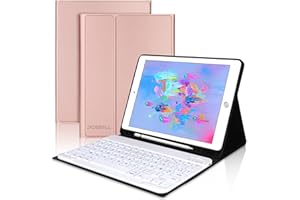 JADEMALL Étui Clavier pour iPad 9.7", iPad 6eme Generation 2018/iPad 5eme Generation 2017, iPad Air 2/1, iPad Pro 9.7, Clavier AZERTY Français Bluetooth avec Fente pour Stylo, Or Rose