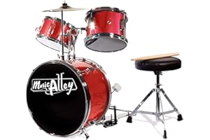 Music Alley Junior Drum Kit for Kids with Kick Drum Pedal, Drum Stool & Drum Sticks - Red
