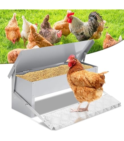 UISEBRT Hühner Futterautomat 10kg Verzinkt - Automatischer Pedal Futtertrog Mit Deckel