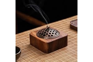 Square Wooden Incense Burner for Coil Stick Cone,with Copper Lid | One-Piece Walnut Wood,Fireproof Pad and Incense Holder Included,for Home Office Gift