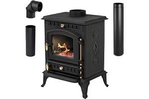 Vedspis gjutjärn 4,5 kW / 7 kW / 10 kW / 17 kW, fristående kamin med rökrörsset, Ecodesign, CE, värmebeständigt glas, asklåda