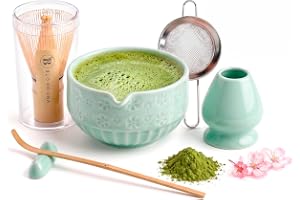 Matcha vispset, keramisk matcha-set med skål, bambuvisp, skopa, sil, skopstöd, hållare, tyg + instruktionshandbok – tradition