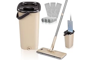 Midyb Bodenwischer Set mit Eimer, Wischmopp und Eimer Set mit 6 Waschbaren Wischpads, 133cm Edelstahlgriff, 2 in 1 Putzeimer & Flachmopp mit Auswringfunktion für Hartholz, Laminat, Fliesen, Marmor