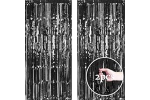 CHENQI 2pcs 3.2ft x 6.5ft Foil Fringe Curtain Door Curtains, Metallic Tinsel Curtains Streamers for Birthday Graduation Wedding Engagement Bridal Shower Bachelorette Holiday Party Decoration (Black)
