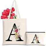 Personalizzata Iniziali Borsa Tela Donna, Borsa Shopper Donna con Lettere e Fiori Cotone Borsa Canvas, Borsa Cosmetica per Sp