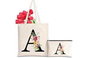 SINEKONG Personalizzata Iniziali Borsa Tela Donna Con Lettere e Fiori, Shopper Cotone Canvas, Cosmetica per Sposa Damigella, Regalo Compleanno Migliore Amica, Festa della Mamma