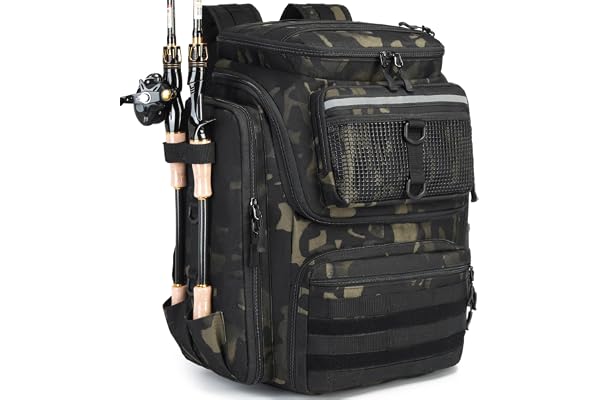BlesMaller Sac à Dos de Pêche avec Porte-Canne 45L Large Résistant à l'eau Sac de Rangement pour Accessoires de Pêche pour la Randonnée, Camping, Trekking, Sport de Plein Air