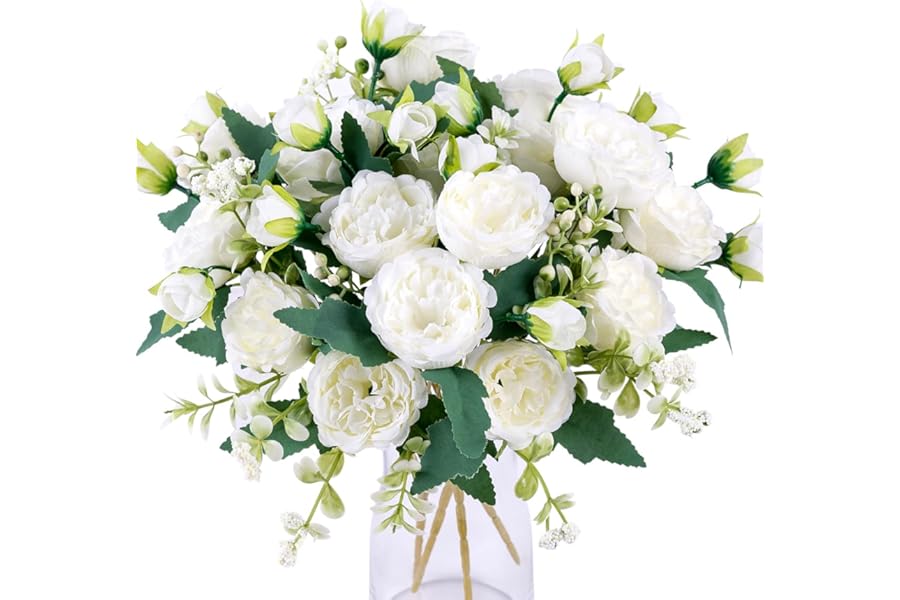 Floweroyal 2 Bunches Peony Artificial Flowers White Flowers Silk Peonies Bouquets for Wedding Party Table Centerpieces Floral Arrangement Home Kitchen Decor