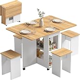 HOMCOM Table and 4 Dining Chairs Set for 4 People Oak | Folding Dining Table with Hidden Stools, 2 Folding Wings, Wheels, She