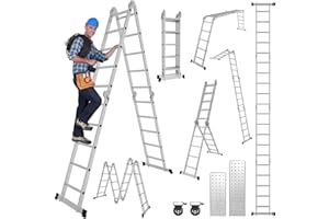 Joparri Escalera multifunción de aluminio con 2 placas de andamio y 2 ruedas, 4 x 5 peldaños, 20 peldaños, carga máxima de 150 kg