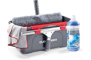 CLEANmaxx Detergente per vetri, set da 7 pezzi | Pulizia dei vetri senza aloni | Set completo con detergente, spatola per vetri, secchio, spatola, panno in microfibra | Ideale per casa, auto e doccia