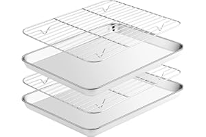Fire More Teglie da Forno con Griglia di Raffreddamento in Acciaio Inox,Set di 4[2 Teglia Forno+2 Grigliaper Cuocere e Servire], Atossica e Sana, Facile da Pulire e Lavabile in Lavastoviglie