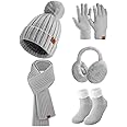 Niwicee Knitted Hat and Scarf Set 5 PCS Ski Outing Set Winter Plush Ear warmers Warm Long Scarf Beanie Hat and Touch Screen Gloves Set Women Thermal Socks for Skiing Hat Outdoor Sports