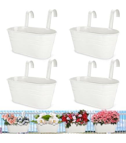 GIOVARA Metalen hangende bloempotten, 4 stuks kleurrijke grote tuin plantenbak 27,5 cm over hek plantenbakken, hek opknoping plantenbak met afneembare haken