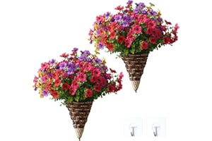 YXYQR 2PCS Artificial Hanging Flowers Plants with Wall Hanging Basket Indoors Outdoor UV Resistant Fake Silk Flower in Hanging Planter for Porch Front Door Garden Home Patio Living Room