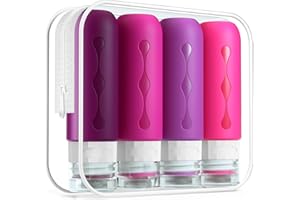 Gemice Silikonowe butelki podróżne 90 ml, 4 sztuki, szczelne pojemniki podróżne, zestaw przyborów toaletowych, zatwierdzone przez FDA, pojemniki na płyny, do szamponu, kremu, odżywki, pielęgnacji