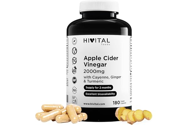 Vinaigre de Pomme 2000 mg. 180 gélules végétaliennes pour 2 mois de traitement. Antibactérien naturel avec Poivre de Cayenne, Gingembre et Curcuma. Fabriqué en Europe par HIVITAL