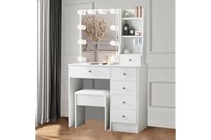 TEOUSEV Dressing Table with Stool, Vanity Desk set with Drawers and ights Adjustable Brightness, Modern Makeup Vanity Table with Storage Shelves, White