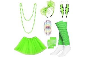 shengo 1980s Party Costume Accessories Set, 80s Fancy Dress for Women Girls, Tutu Skirts Lace Headband Earrings Fishnet Gloves Leg Warmers Neon Necklace Bracelet, Retro Outfit for 80s Party