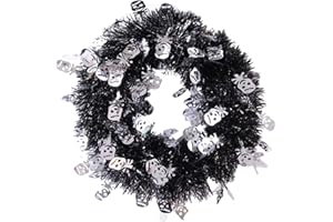 Duffire Halloween Tinsel Wreaths Small 27cm Black Foil Wreath with Skull Sequins for Door Window Wall Mantel,Halloween Spooky Scene