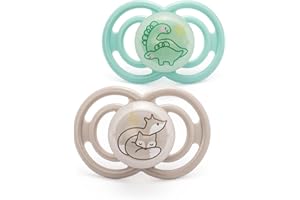 MAM Perfect Night Soothers | 6-18 Months | 2 Pack | Glow in the Dark Dummies | Comes in Dummy Steriliser Case | Baby Accessories for Newborn | White/Grey (Various Designs)